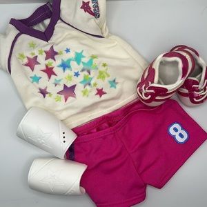 American Girl Doll Soccer Outfit 18”: shirt shorts shoes shin guards